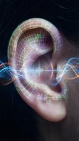 Digital ear with glowing grid overlay and sound waves representing hearing technology, audio processing, and sensory perception concepts.