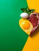 Fresh raw beef steak, fried egg and white egg with parsley on bright green and yellow background, creative food composition with copy space.
