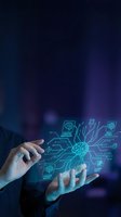Hands interacting with holographic artificial intelligence network displaying brain icons and digital connections on dark blue background.