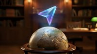 Glowing blue holographic pyramid floating above Earth globe on wooden desk in warm library setting with books and lamp creating futuristic technology concept.