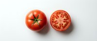 Fresh ripe red tomato whole and sliced in half on white background, isolated for food and cooking design projects.