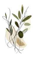 Minimalist botanical illustration with olive green leaves and organic line art on isolated white background, suitable for wall decor, textile design, and home interior projects.