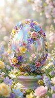 Ornamental egg decorated with colorful flowers, gold filigree details, and iridescent rainbow gradient, surrounded by blooming garden flowers on pedestal base for spring celebrations.