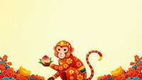 Festive monkey character in traditional red outfit holding fruit surrounded by colorful flowers on yellow background for lunar new year celebrations.
