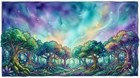 Enchanted forest landscape with luminous sky featuring purple, blue, and golden hues, mystical trees with glowing trunks, and magical atmosphere suitable for fantasy art, book illustrations, and digital design projects.