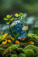 Planet Earth globe with growing green plants and orange flowers on moss background, environmental conservation concept for Earth Day and ecology themes.