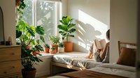 Cozy window nook with potted plants, natural sunlight, and comfortable seating for home decor and interior design inspiration.