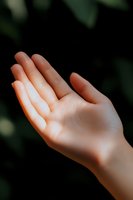 Open palm reaching upward against dark green natural background, soft lighting highlighting gentle skin texture and graceful gesture. Perfect for wellness and spirituality themes.