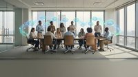 Business team collaborating around table with digital network hologram overlay in modern office conference room with city skyline view for corporate teamwork and innovation concepts.