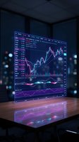 Futuristic holographic stock market trading dashboard with glowing charts and financial data analytics in modern office environment for business presentations.