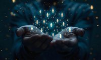 Magical glowing human figures floating above cupped hands against dark background, spiritual energy concept with mystical light and bokeh effects.