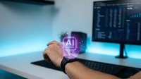 Businessman using smartwatch with AI artificial intelligence hologram interface in modern office workspace for technology innovation.