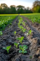 Young green seedlings growing in neat rows on fertile soil during spring planting season, with soft evening sunlight and blurred forest background.