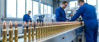 Precision ammunition manufacturing with golden bullets lined up on industrial conveyor belt while skilled technicians operate machinery in modern factory.
