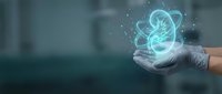 Gloved hand holding a glowing holographic kidney with digital orbit lines in a medical setting, symbolizing urology and organ health.