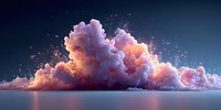 Dreamy pink and orange clouds illuminated against dark blue sky, reflecting on calm water surface with magical glowing particles.