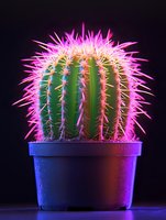 Barrel cactus in terracotta pot with vibrant pink and purple neon lighting effects on dark background for modern home decor and plant photography.
