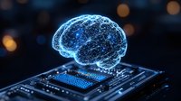 Glowing blue holographic brain projection above computer processor chip with neural network connections on dark background with bokeh lights.