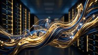 Golden data streams flowing through modern server room with glowing network connections and digital infrastructure technology concept.
