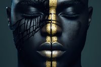 African woman face with closed eyes and artistic black and gold makeup, featuring dramatic streaks and metallic accents against dark background for beauty and fashion concepts.