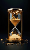 Luxurious hourglass with golden sand and scattered gold nuggets on black background, symbolizing precious time and wealth management concept.