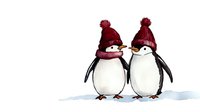 Adorable penguin couple wearing matching burgundy knit winter hats and scarves standing close together on snowy ground, watercolor style artwork.