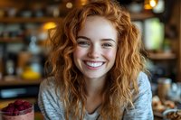 Young Caucasian woman with curly red hair smiling warmly in cozy cafe setting. Natural portrait for lifestyle and hospitality marketing campaigns.