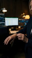 Mature male professional with long hair wearing dark business attire works at desk with multiple monitors displaying financial data and stock charts in dimly lit office with warm desk lamps.
