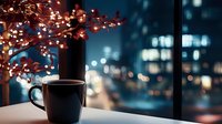 Cozy coffee mug on window sill with fairy lights and blurred city nightscape background creating atmospheric evening mood with bokeh lights and warm ambiance.