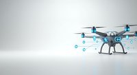 Blue drone with digital connection points and network icons floating around it on white background, representing technology and wireless communication for innovation concepts.
