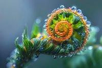 Mesmerizing spiral fern frond unfurling with morning dew drops, creating a natural fractal pattern in vibrant green and orange tones against blurred background. Perfect for nature and wellness designs