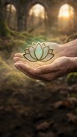 Hands holding glowing lotus symbol in misty forest with golden light filtering through trees, representing spirituality, meditation, wellness, and inner peace.