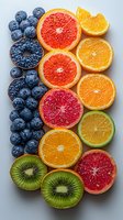 Fresh colorful fruit slices arranged in rows including blueberries, grapefruit, orange, kiwi on white background. Vibrant healthy food composition for wellness and diet.