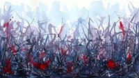 Abstract thorny branches with red leaves create dramatic silhouette against soft blue sky background for nature design projects.
