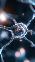 Glowing neuron cell with synaptic connections on dark background, neural network visualization with light effects and bokeh for medical and science designs.