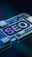 Computer circuit board with glowing SEO text overlay representing search engine optimization technology and digital marketing strategies for web development.