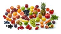 Fresh colorful fruits and vegetables collection isolated on white background for healthy eating, nutrition and organic food concepts.