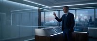 Confident middle-aged Caucasian businessman in suit interacting with futuristic holographic interface in modern high-tech office at night.