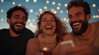 Diverse group of young friends laughing together outdoors at dusk with bokeh lights in background, sharing genuine joyful moment in warm sweaters.