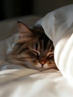 Sleeping cat nestled in soft white bedding, close-up portrait showing peaceful expression and furry face partially covered by blanket, creating cozy atmosphere.