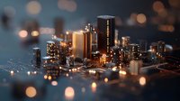 Glowing miniature cityscape with illuminated skyscrapers and office buildings at dusk, bokeh light effects create dreamy urban atmosphere. Perfect for business and real estate concepts.
