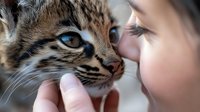 Close-up of child's face touching nose with tabby kitten showing tender connection between human and pet. Emotional moment captures bond and innocence.