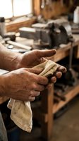 Weathered craftsman hands wiping grease with a cloth in a rustic workshop, tools and workbench visible in the blurred background.