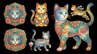 Ornate cat designs with mandala patterns, decorative florals, and vibrant colors isolated on transparent background. Ready for t-shirt design, clipart, stickers, sublimation, and print-on-demand products.