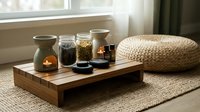 Zen meditation setup with aromatherapy candles, glass jars with herbs and spices on wooden tray. Natural home spa relaxation scene for wellness lifestyle.