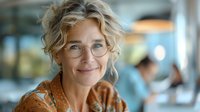Professional middle-aged Caucasian woman with blonde curly hair and glasses smiling warmly in modern office environment, perfect for business, leadership, and workplace diversity concepts.