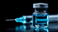 Medical vial with blue liquid and syringe on dark background, dramatic lighting creates modern pharmaceutical atmosphere for healthcare concepts.