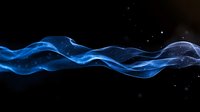Glowing blue smoke waves flow horizontally against black background creating ethereal abstract pattern with light particles and dynamic movement.