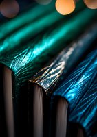 Macro shot of iridescent peacock feathers with bokeh lights, showing vibrant turquoise and blue colors with detailed barbs and natural texture patterns.