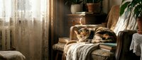 Cozy domestic cat sleeping peacefully on comfortable armchair in warm sunlit living room with plants and soft textiles creating homey atmosphere.